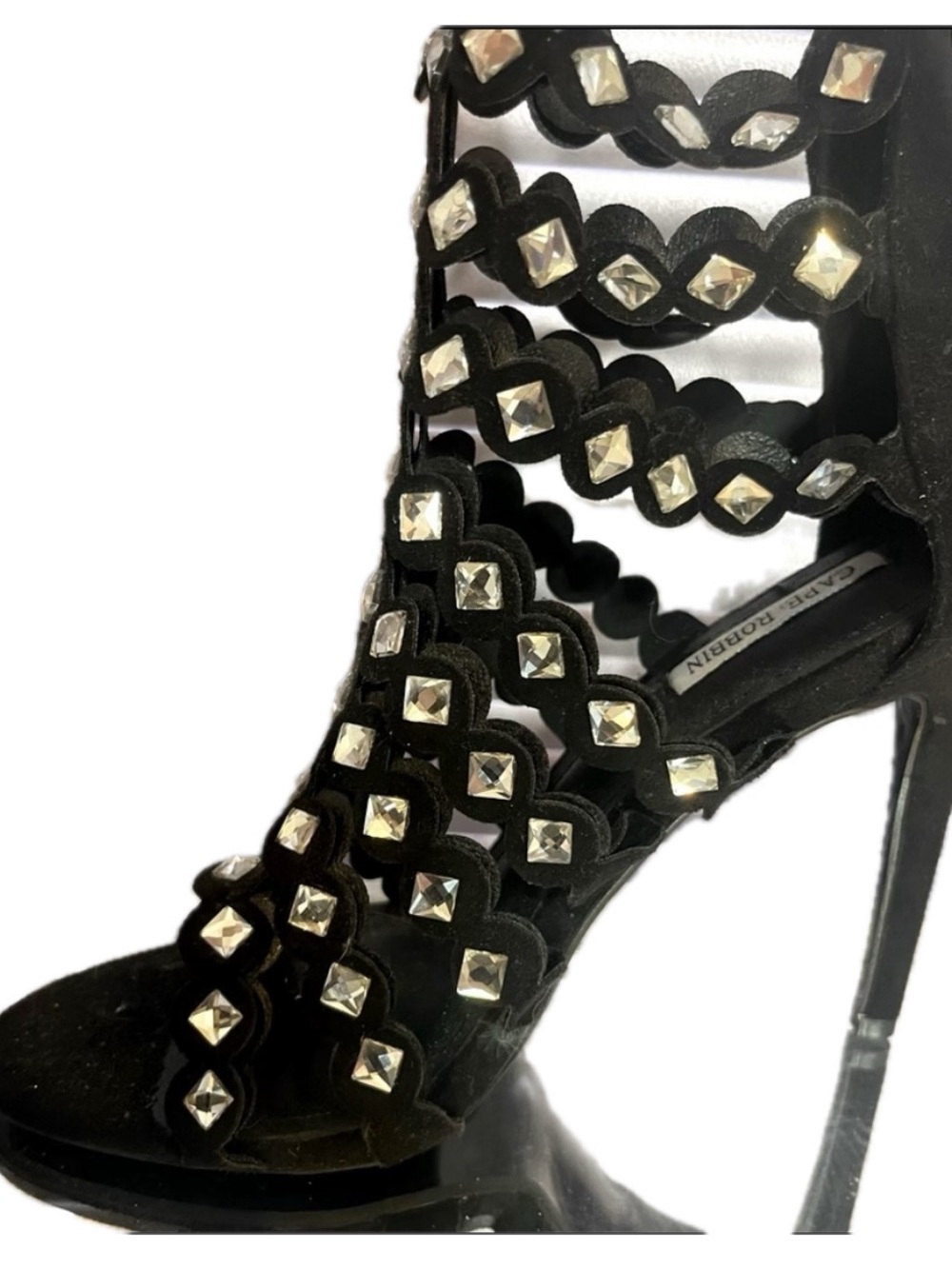 Cape Robbin rhinestone crystal black suede high heel stiletto sandal shoes Bling